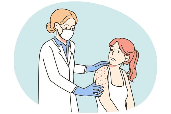 Doctor checking woman with red pimples on body. Nurse examine female patient with rash on shoulder. Monkeypox or smallpox virus. Vector illustration.