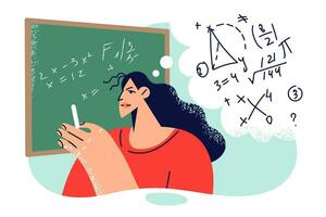 Woman teacher writes mathematical formulas on blackboard to teach students algebra. Girl graduate student of university studies mathematical science and solves complex problems and proves theorems vector