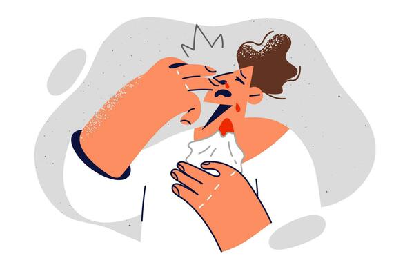 Man with nose bleed is holding towel and trying to solve high blood pressure problem. Suffering guy with nose injury after fight or fall stops blood using handkerchief and bows head back