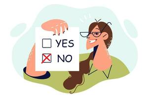 Bulletin woman answered no to question as sign of negative attitude towards initiative or refusal to satisfy proposal. Girl with bulletin smiles and shows sheet of paper with answer options vector