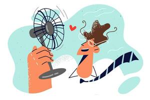 Man with electric fan in hand is trying to freshen up after returning from street in hot summer weather. Guy in business clothes uses fan due to lack of air conditioning in office. vector