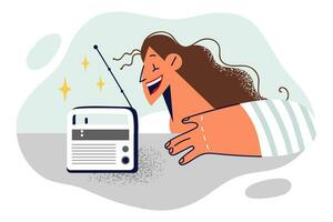 Woman stands near radio player and enjoys music from vintage fm device with long antenna. Girl uses retro player to select favorite radio stations and listen to news or audio shows with contests. vector