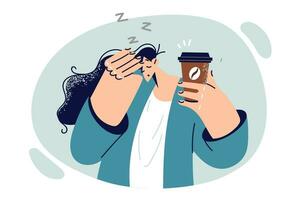 Tired woman drinks coffee to get rid of drowsiness and energize drink containing caffeine or taurine. Sleepy girl makes coffee break wishing to become cheerful and start productive work vector