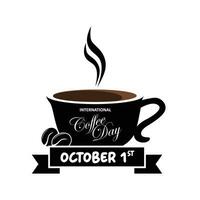internacional café día cita. mano dibujado vector logotipo con letras tipografía y taza de café en blanco antecedentes