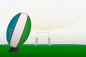 Uzbekistan national team rugby ball on rugby stadium and goal posts, preparing for a penalty or free kick. vector