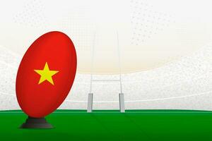 Vietnam national team rugby ball on rugby stadium and goal posts, preparing for a penalty or free kick. vector