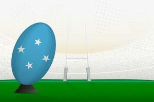Micronesia national team rugby ball on rugby stadium and goal posts, preparing for a penalty or free kick. vector