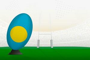 Palau national team rugby ball on rugby stadium and goal posts, preparing for a penalty or free kick. vector