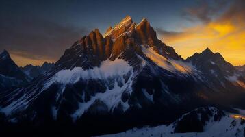 hermosa puesta de sol en el montañas. panorama de el Cáucaso montañas. ai generativo foto