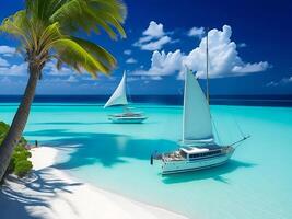 tropical beach in Maldives with palm trees and boat 3d render photo