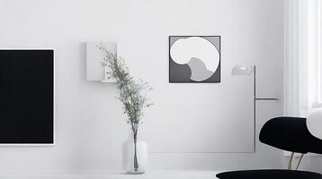 Minimalistic living room interior with white walls, concrete floor, black sofa and round coffee table. 3d rendering mock up photo