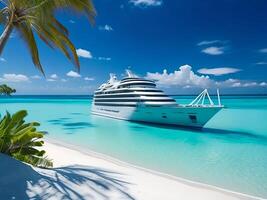tropical beach in Maldives with palm trees and boat 3d render photo