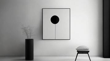 Minimalistic living room interior with white walls, concrete floor, black sofa and round coffee table. 3d rendering mock up AI Generative photo