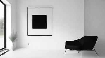 minimalista vivo habitación interior con blanco paredes, hormigón piso, negro sofá y redondo café mesa. 3d representación burlarse de arriba ai generativo foto