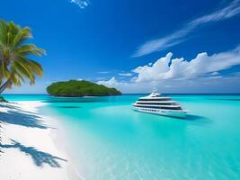 tropical beach in Maldives with palm trees and boat 3d render AI Generative photo