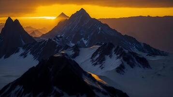 Beautiful Sunset in the mountains. Panorama of the Caucasus Mountains. AI Generative photo