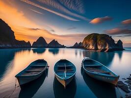 Fishing boats on the beach at sunset. Colorful summer seascape. photo