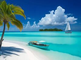 tropical beach in Maldives with palm trees and boat 3d render AI Generative photo