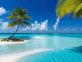 tropical beach in Maldives with palm trees and boat 3d render photo