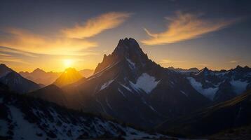 hermosa puesta de sol en el montañas. panorama de el montañas ai generativo foto