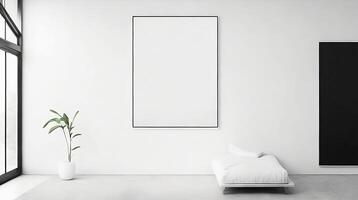 Minimalistic living room interior with white walls, concrete floor, black sofa and round coffee table. 3d rendering mock up photo