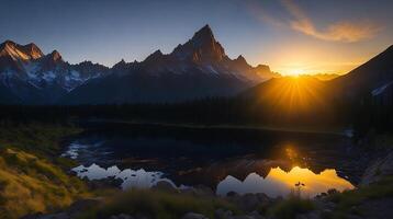 hermosa puesta de sol en el montañas. panorama de el montañas ai generativo foto