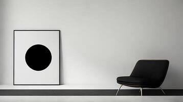 Minimalistic living room interior with white walls, concrete floor, black sofa and round coffee table. 3d rendering mock up photo