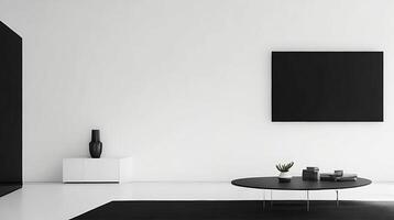 Minimalistic living room interior with white walls, concrete floor, black sofa and round coffee table. 3d rendering mock up AI Generative photo