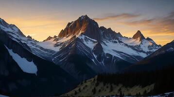 hermosa puesta de sol en el montañas. panorama de el Cáucaso montañas. ai generativo foto