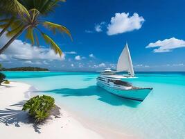 tropical beach in Maldives with palm trees and boat 3d render photo