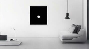 minimalista vivo habitación interior con blanco paredes, hormigón piso, negro sofá y redondo café mesa. 3d representación burlarse de arriba ai generativo foto