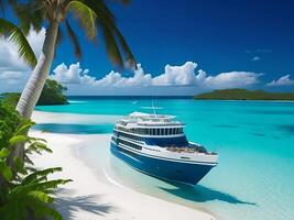 tropical beach in Maldives with palm trees and boat 3d render photo
