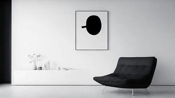 Minimalistic living room interior with white walls, concrete floor, black sofa and round coffee table. 3d rendering mock up AI Generative photo