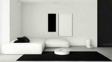 minimalista vivo habitación interior con blanco paredes, hormigón piso, negro sofá y redondo café mesa. 3d representación burlarse de arriba ai generativo foto