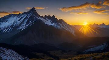 hermosa puesta de sol en el montañas. panorama de el Cáucaso montañas. ai generativo foto