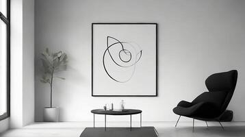 Minimalistic living room interior with white walls, concrete floor, black sofa and round coffee table. 3d rendering mock up AI Generative photo