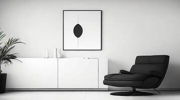 Minimalistic living room interior with white walls, concrete floor, black sofa and round coffee table. 3d rendering mock up AI Generative photo