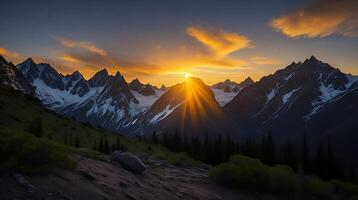 Beautiful sunset in the mountains. Panorama of the mountains AI Generative photo