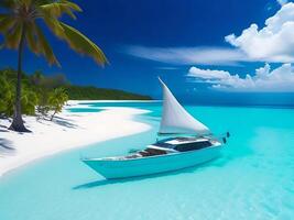 tropical beach in Maldives with palm trees and boat 3d render photo