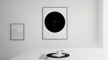Minimalistic living room interior with white walls, concrete floor, black sofa and round coffee table. 3d rendering mock up photo