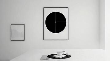 Minimalistic living room interior with white walls, concrete floor, black sofa and round coffee table. 3d rendering mock up AI Generative photo