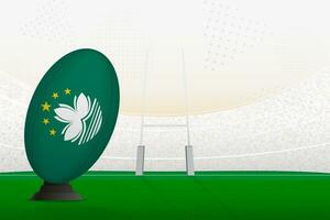 Macau national team rugby ball on rugby stadium and goal posts, preparing for a penalty or free kick. vector