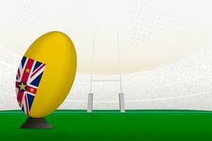 Niue national team rugby ball on rugby stadium and goal posts, preparing for a penalty or free kick. vector