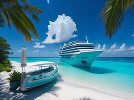 tropical beach in Maldives with palm trees and boat 3d render AI Generative photo