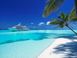 tropical beach in Maldives with palm trees and boat 3d render AI Generative photo