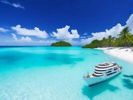 tropical beach in Maldives with palm trees and boat 3d render photo