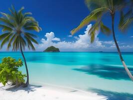 tropical beach in Maldives with palm trees and boat 3d render photo