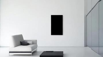 minimalista vivo habitación interior con blanco paredes, hormigón piso, negro sofá y redondo café mesa. 3d representación burlarse de arriba ai generativo foto