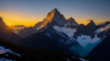 hermosa puesta de sol en el montañas. panorama de el Cáucaso montañas. ai generativo foto