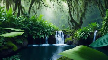 tropical cascada en el selva. 3d hacer ilustración. ai generativo foto